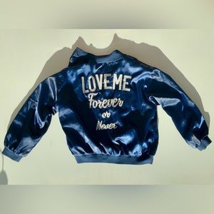 Embroidered Love Me Blue Satin Bomber Jacket